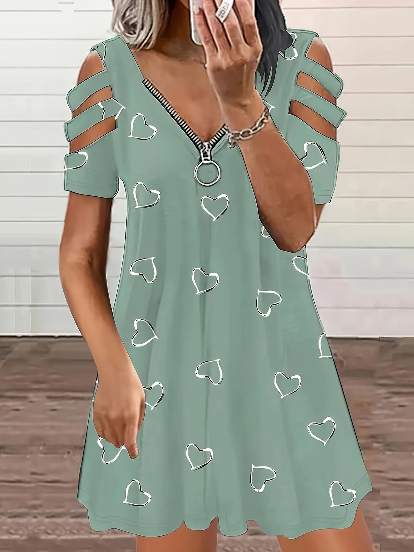 V-Neck Zip Short-Sleeve Printed Off-Shoulder Loose Casual Dress