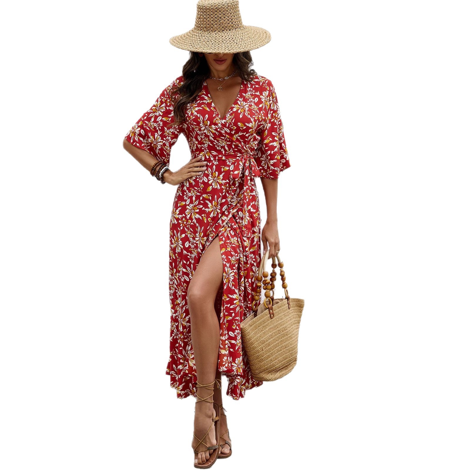Women's Floral Print V-Neck Slit Midi Dress