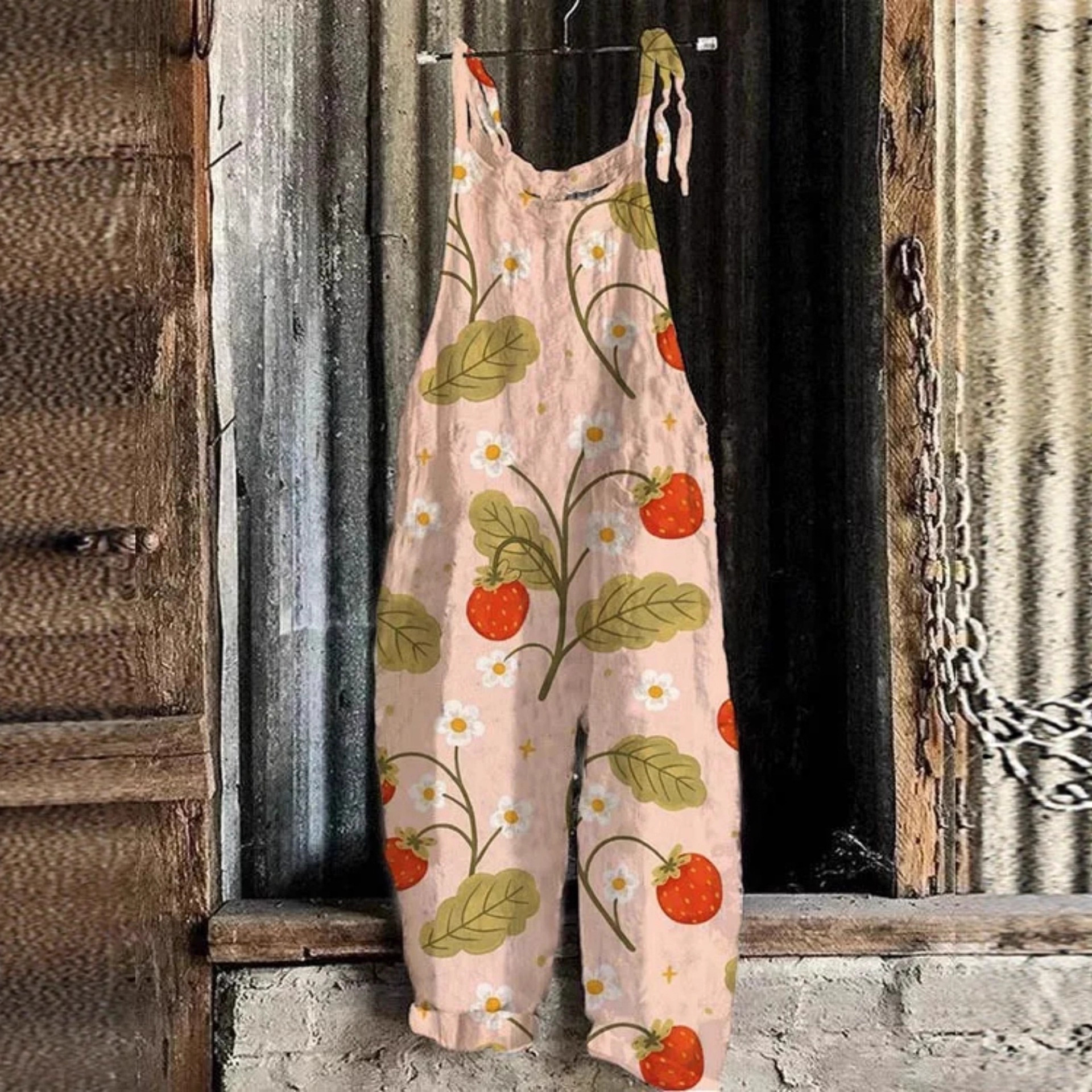 Women's Polka Dot Fruit Print Sleeveless Jumpsuit Casual Tie-Waist