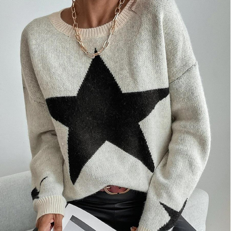 Women's Ribbed Knit Pullover Sweater with Star Pattern