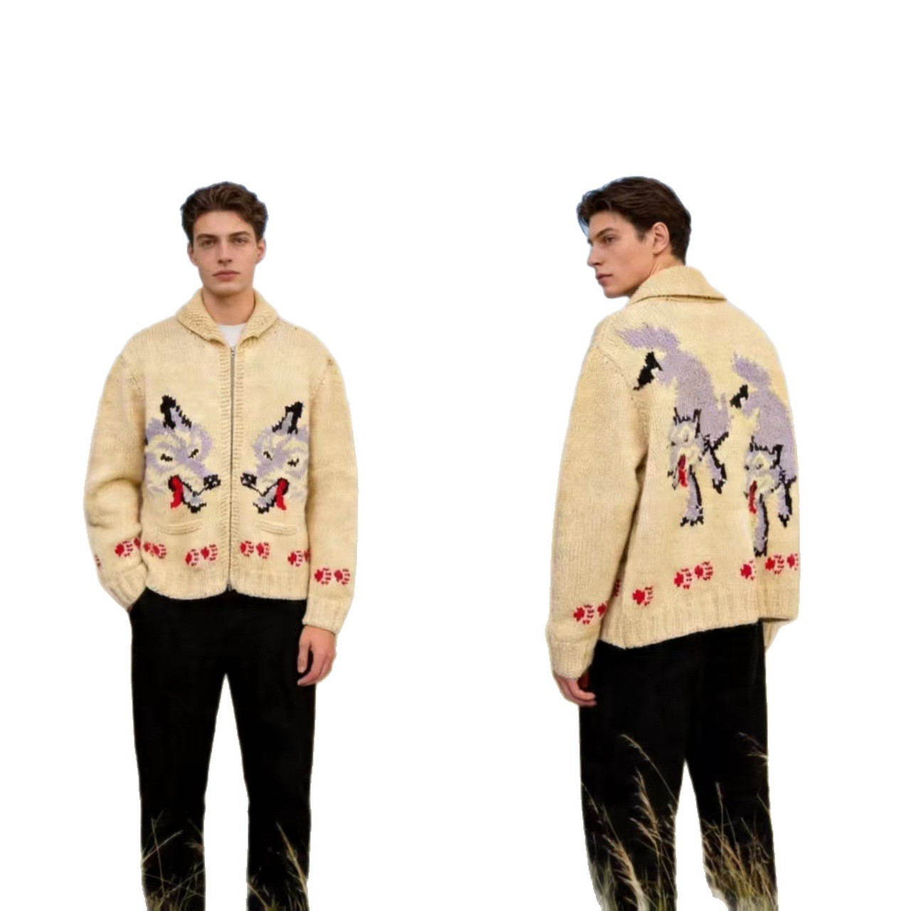 Retro Wolf Head Jacquard Zip Cardigan Chunky Knit Unisex