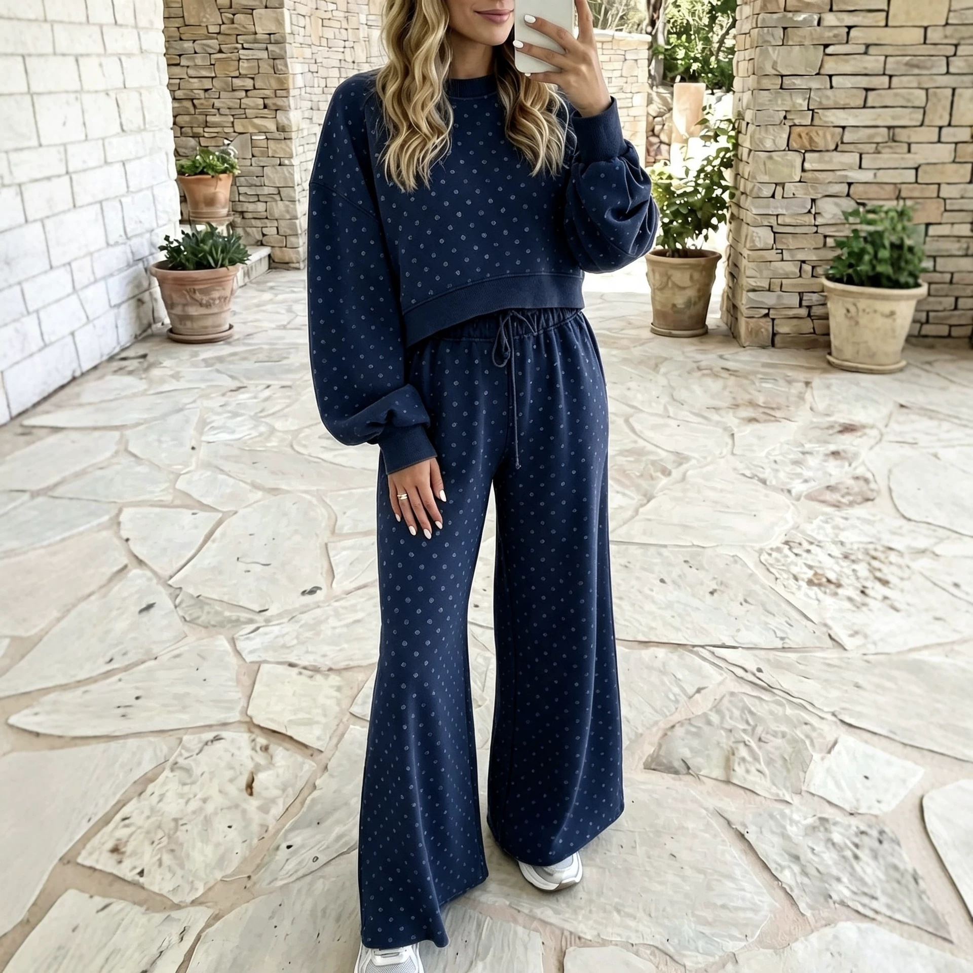 High-Waist Polka Dot Print Wide-Leg Pants Set Women
