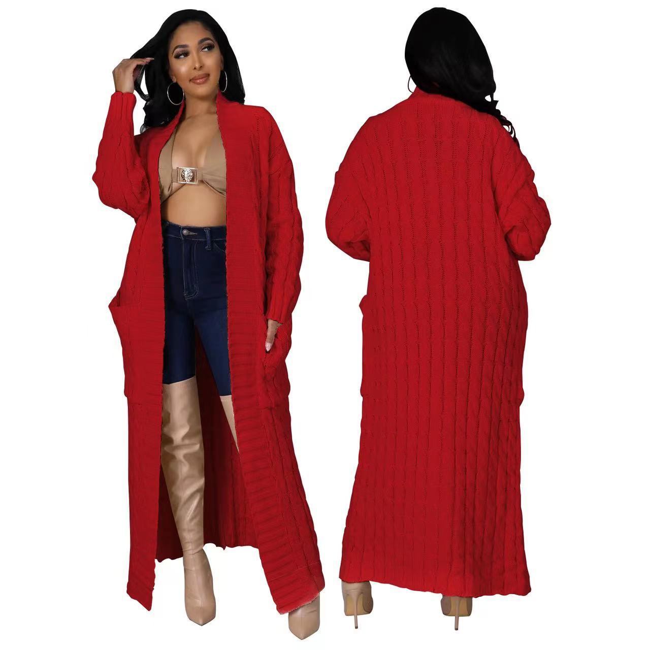 Cable-Knit Open-Front Long Cardigan with Pockets