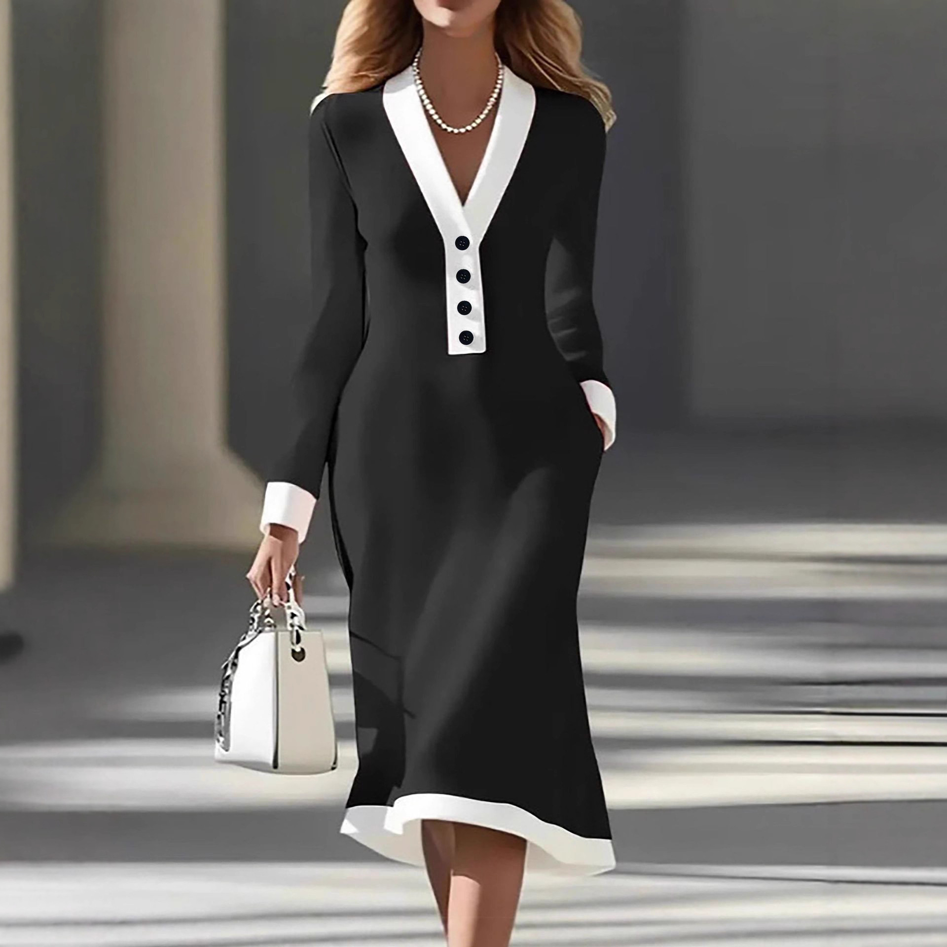 Elegant Color-Block V-Neck Midi Dress for Commuting