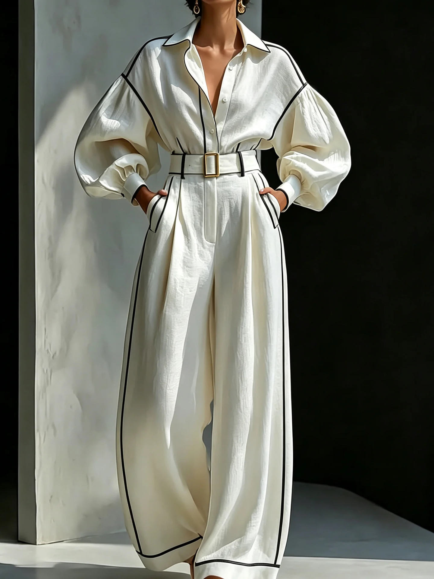 Women's Relaxed Two-Piece Set with Belt – Long Sleeve Shirt & Wide-Leg Pants