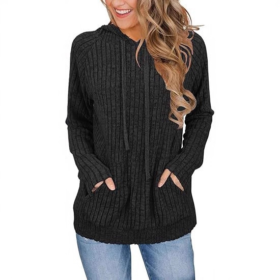 Ribbed Knit Hooded Pullover Sweatshirt with Pockets for Women