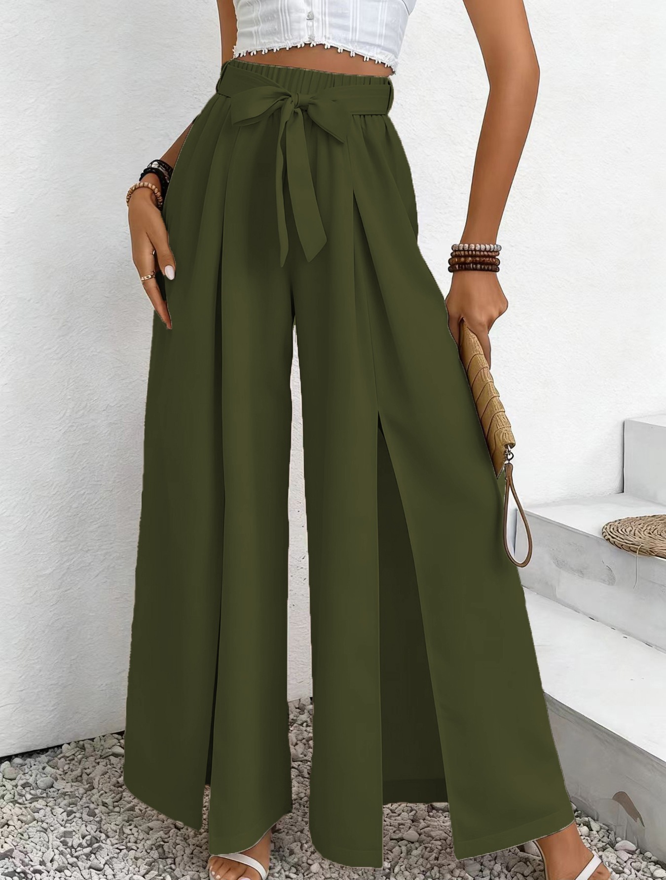 High-Waist Tie-Front Split Wide-Leg Pants with Elastic Waist