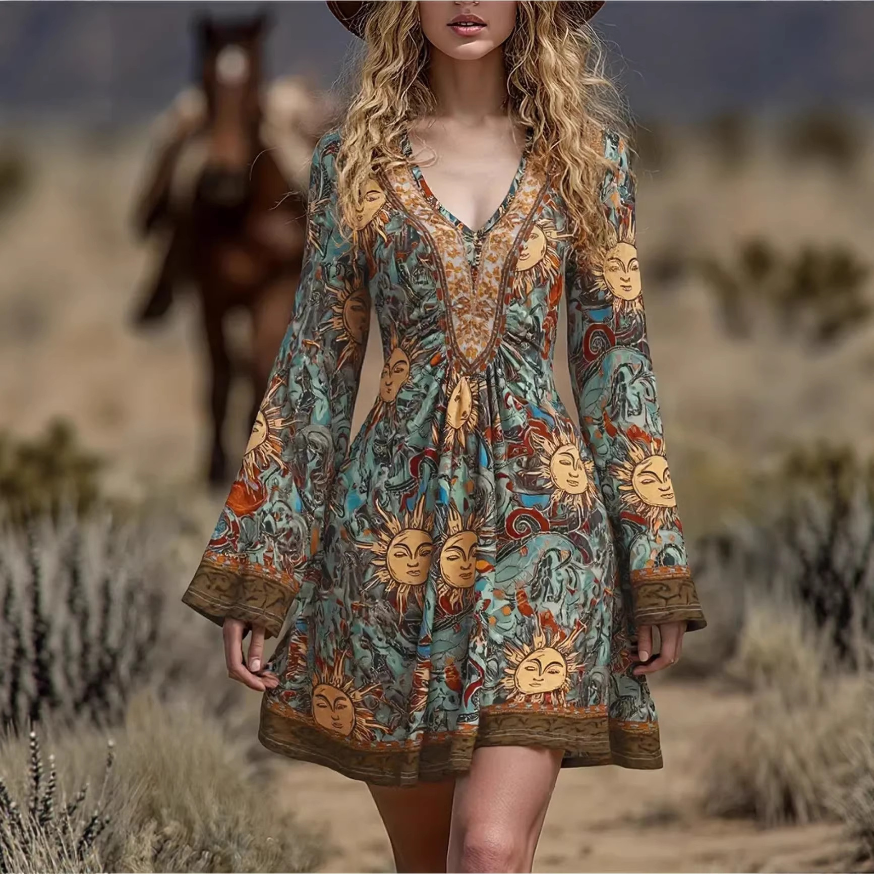 Women's Vintage V-Neck Printed Long Sleeve A-Line Dress Boho