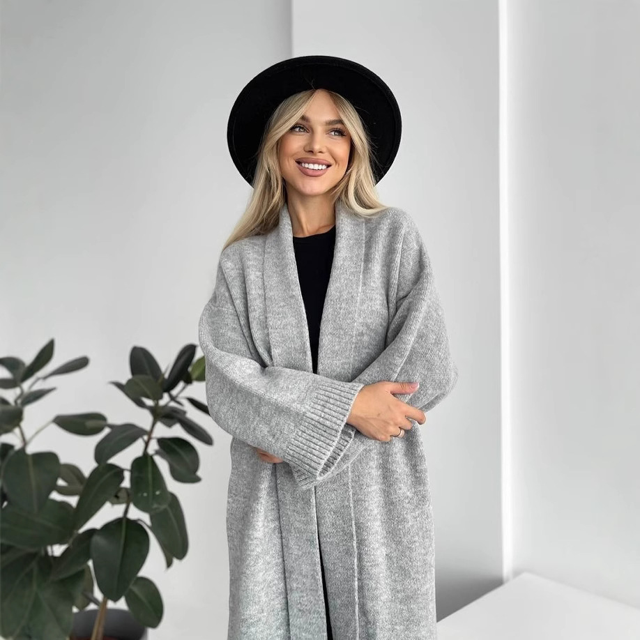 Women's Collarless Long Cardigan Sweater Coat Elegant Loose Fit