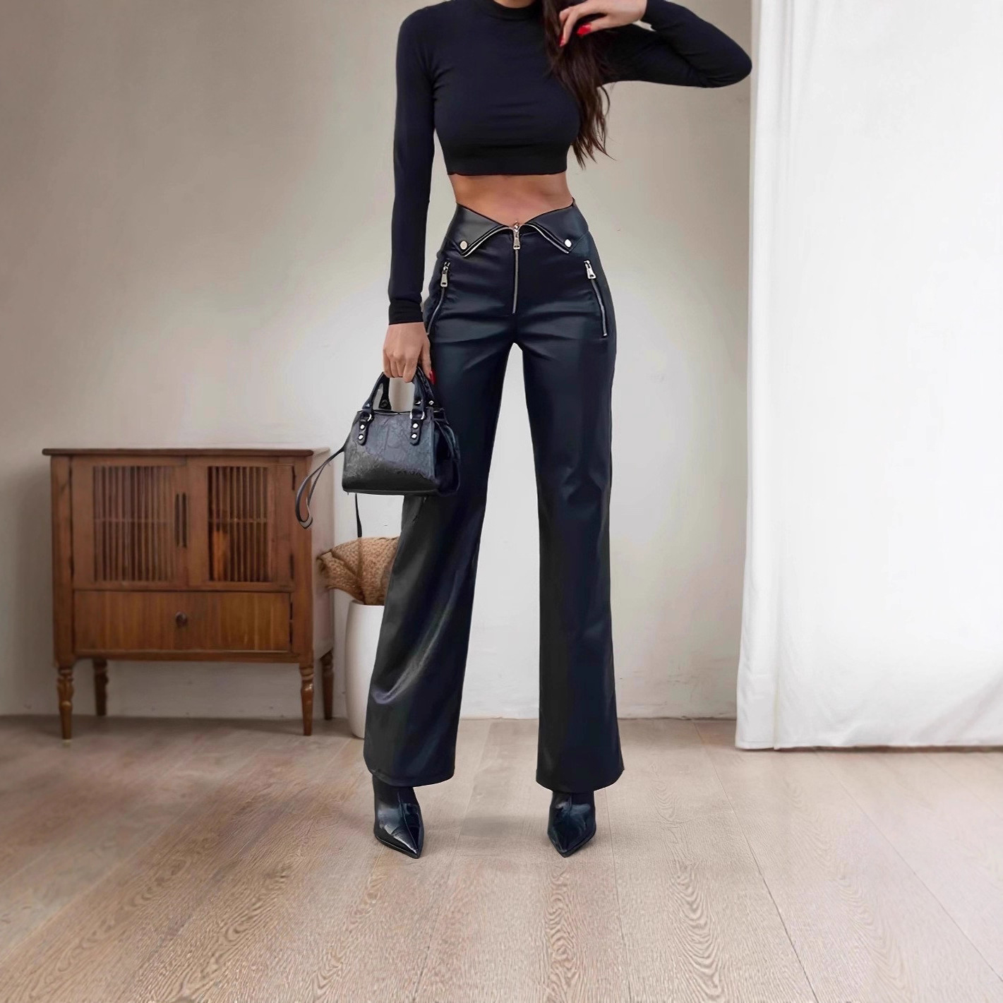 High-Waisted PU Leather Straight-Leg Pants with Metal Zip