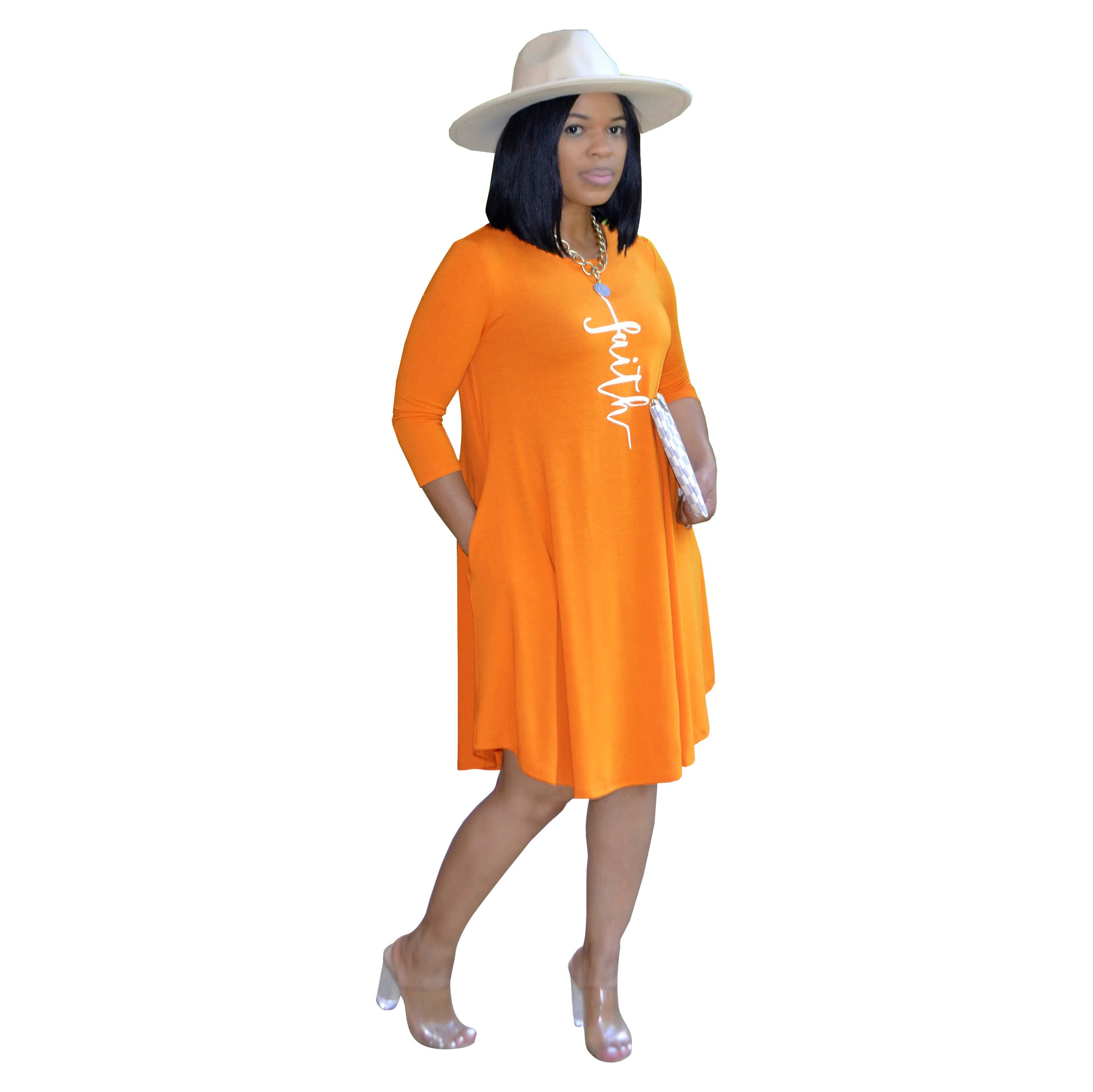 Faith Print A-Line Midi Dress with 3/4 Sleeves
