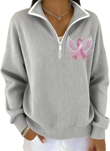 Wing Ribbon Print Half-Zip Stand Collar Hoodie