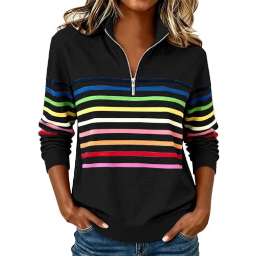 Colorful Striped Print Half-Zip Hoodie for Women