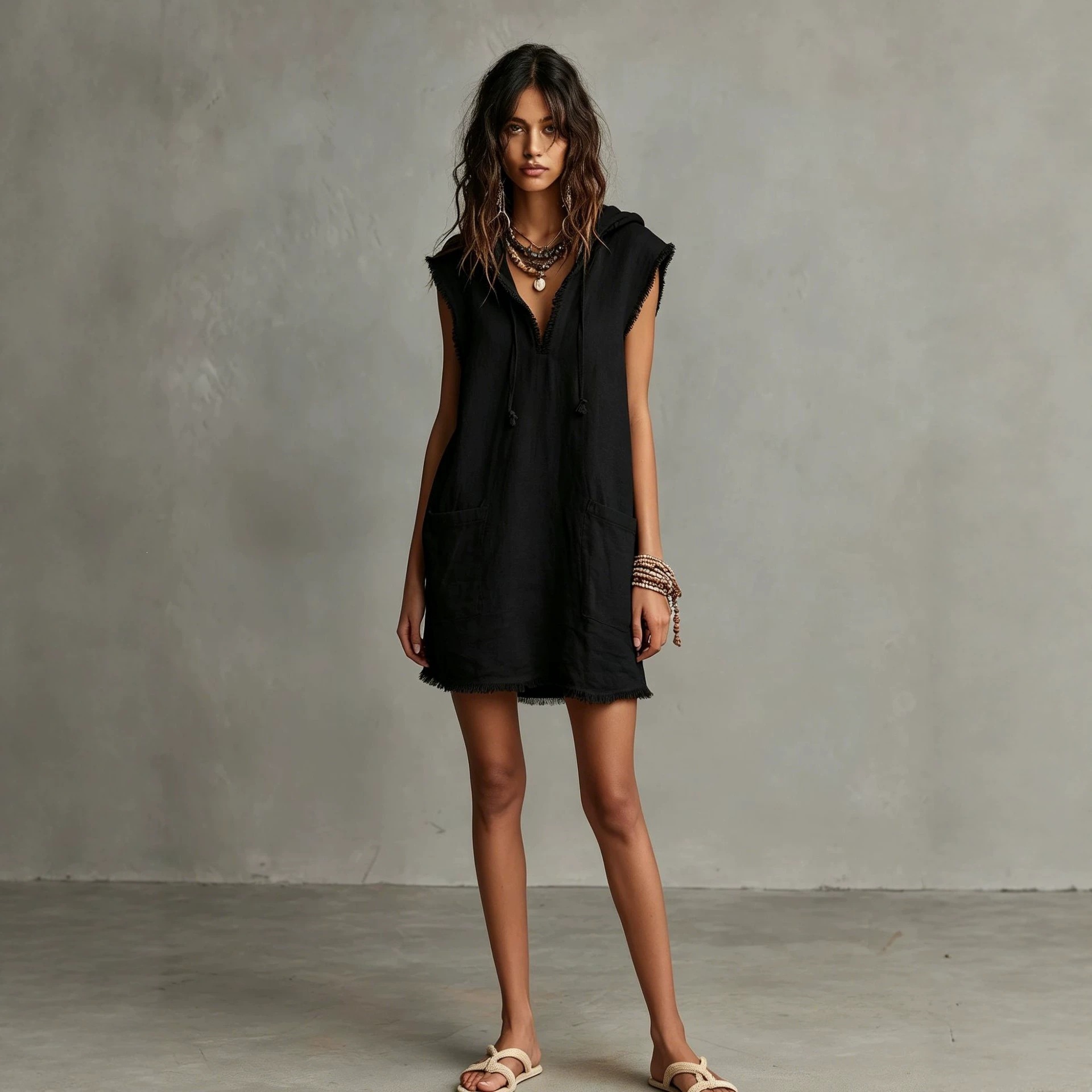 Women's V-Neck Linen-Blend Sleeveless Mini Dress with Hood and Raw Hem