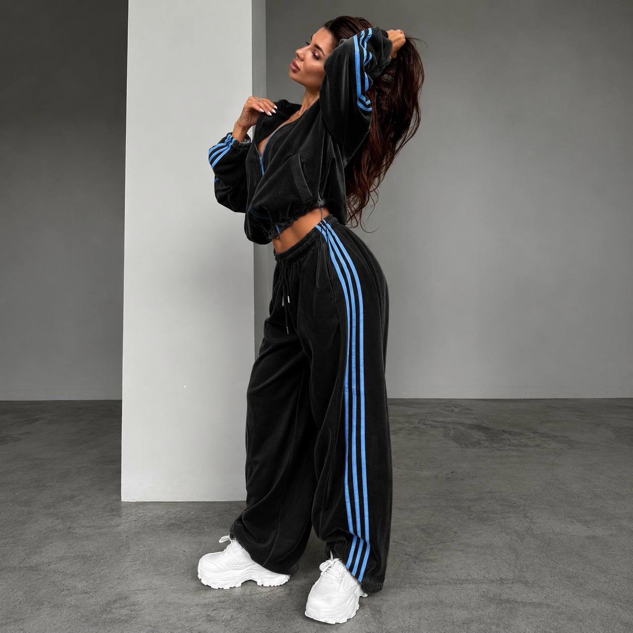 Velvet Colorblock Three-Stripe Track Suit Women's Stand Collar Zip Jacket High-Waist Drawstring Wide-Leg Pants