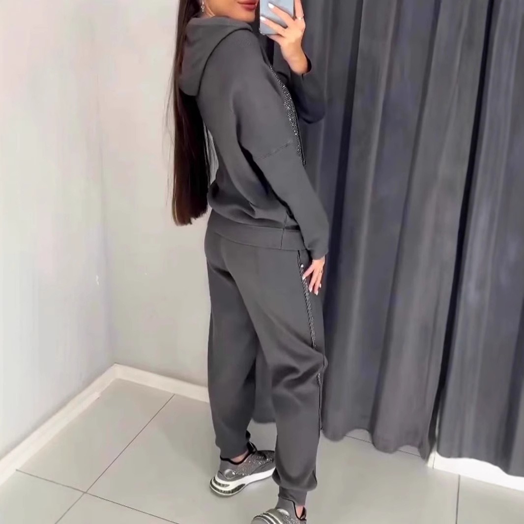 Women's Casual Hooded Rhinestone Sweatsuit with Pockets