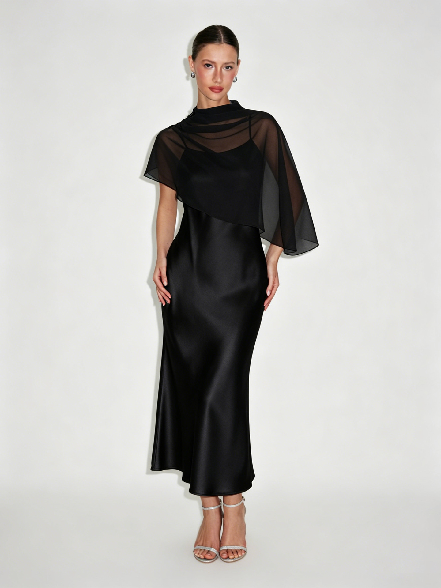 Light Luxury Cape-Style Chiffon Midi Dress Slimming Sleeveless