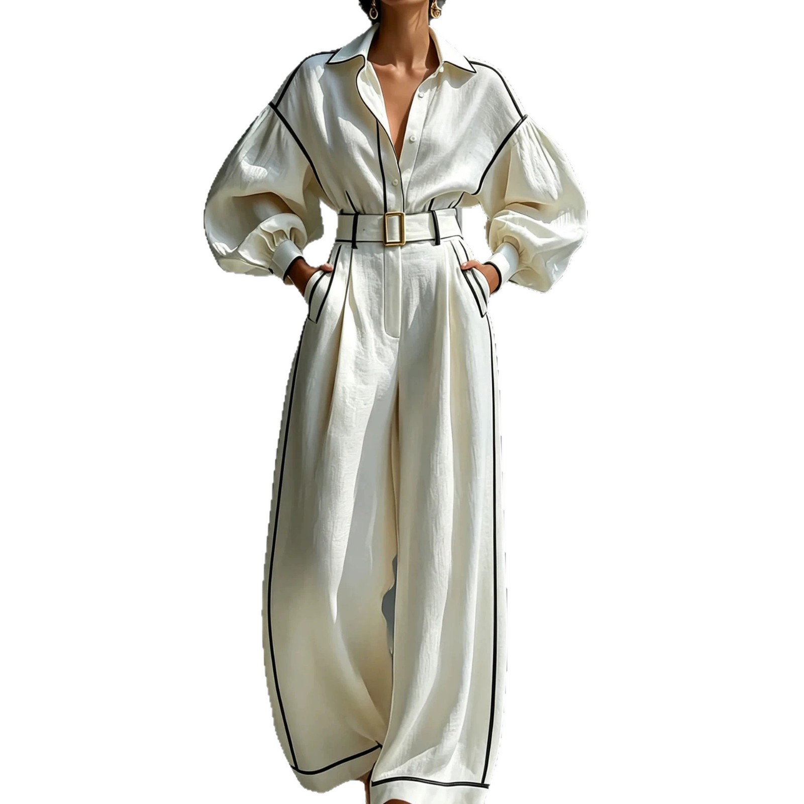 Women's Relaxed Two-Piece Set with Belt – Long Sleeve Shirt & Wide-Leg Pants