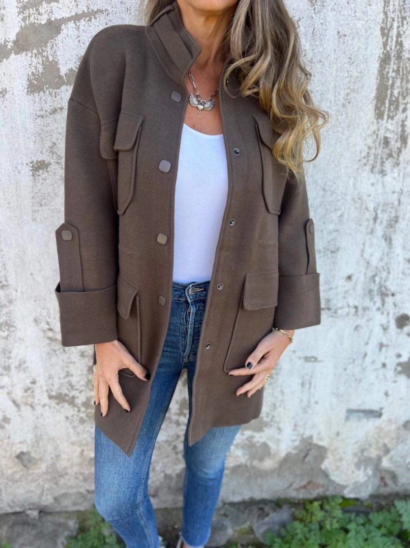 Women's Stand Collar Double-Faced Wool Coat with Pockets