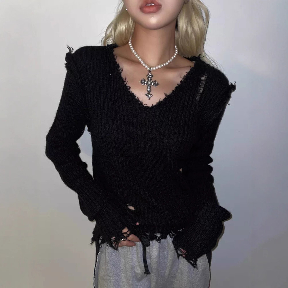 V-Neck Hand-Distressed Long-Sleeve Slim Knit Top
