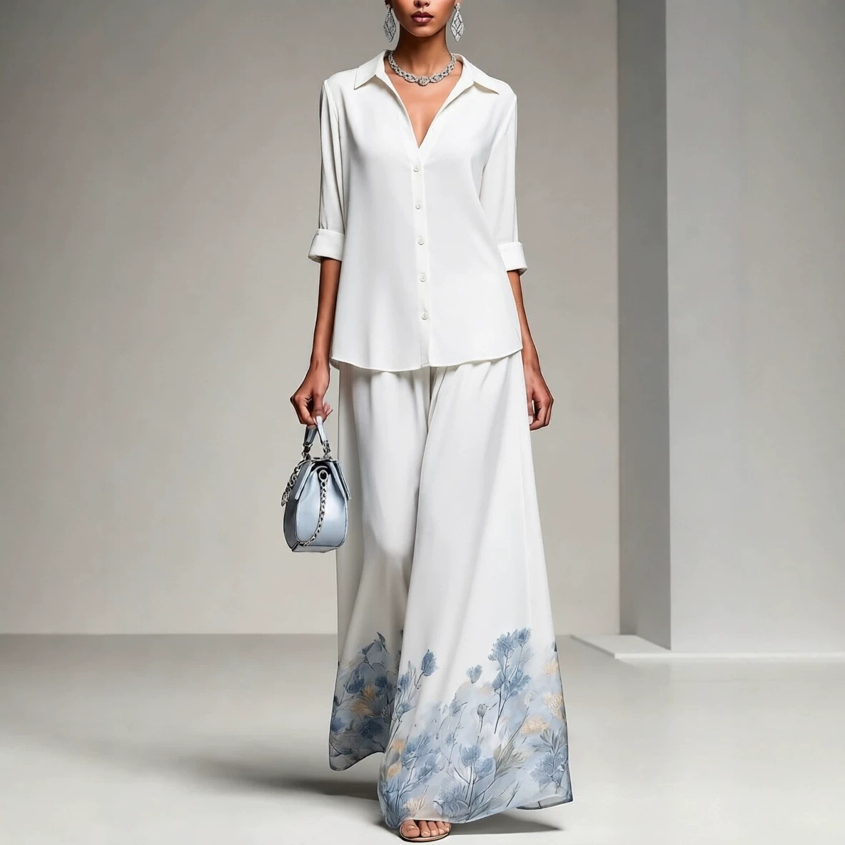 Floral Print Shirt and A-Line Midi Skirt Set with Collar and 3/4 Sleeves