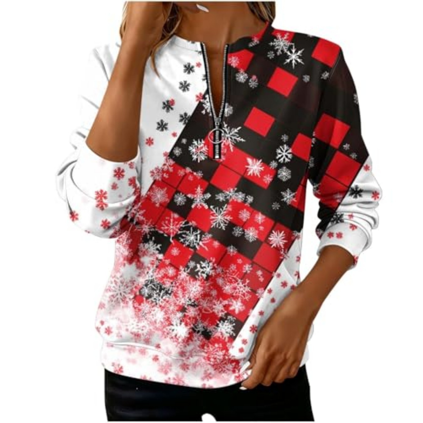 Plaid Snowflake Print Half-Zip Hoodie