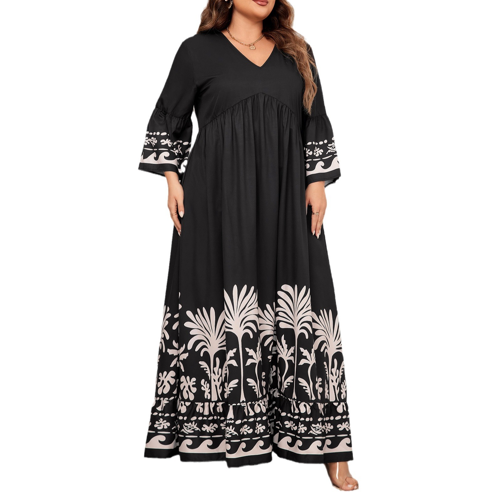 Women's Flared Sleeve V-Neck Printed Long Dress
