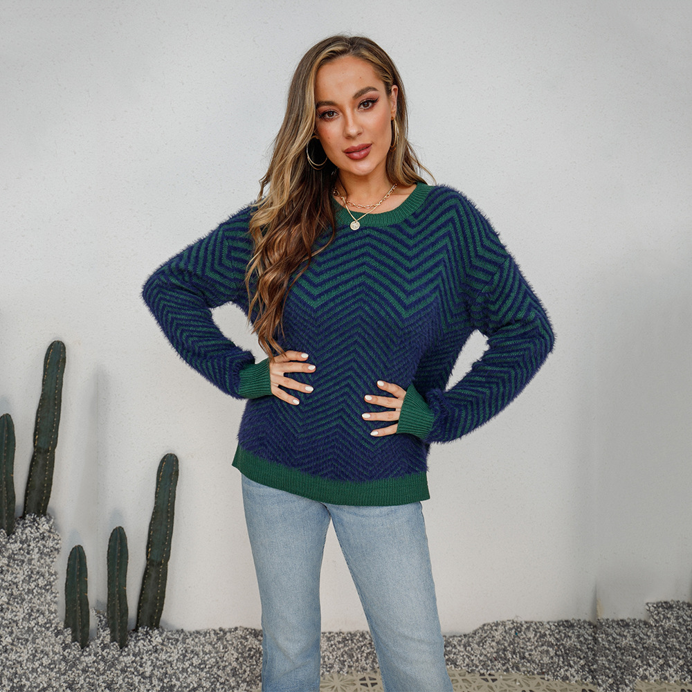 Women's Mink Fur Crewneck Pullover Long Sleeve Sweater