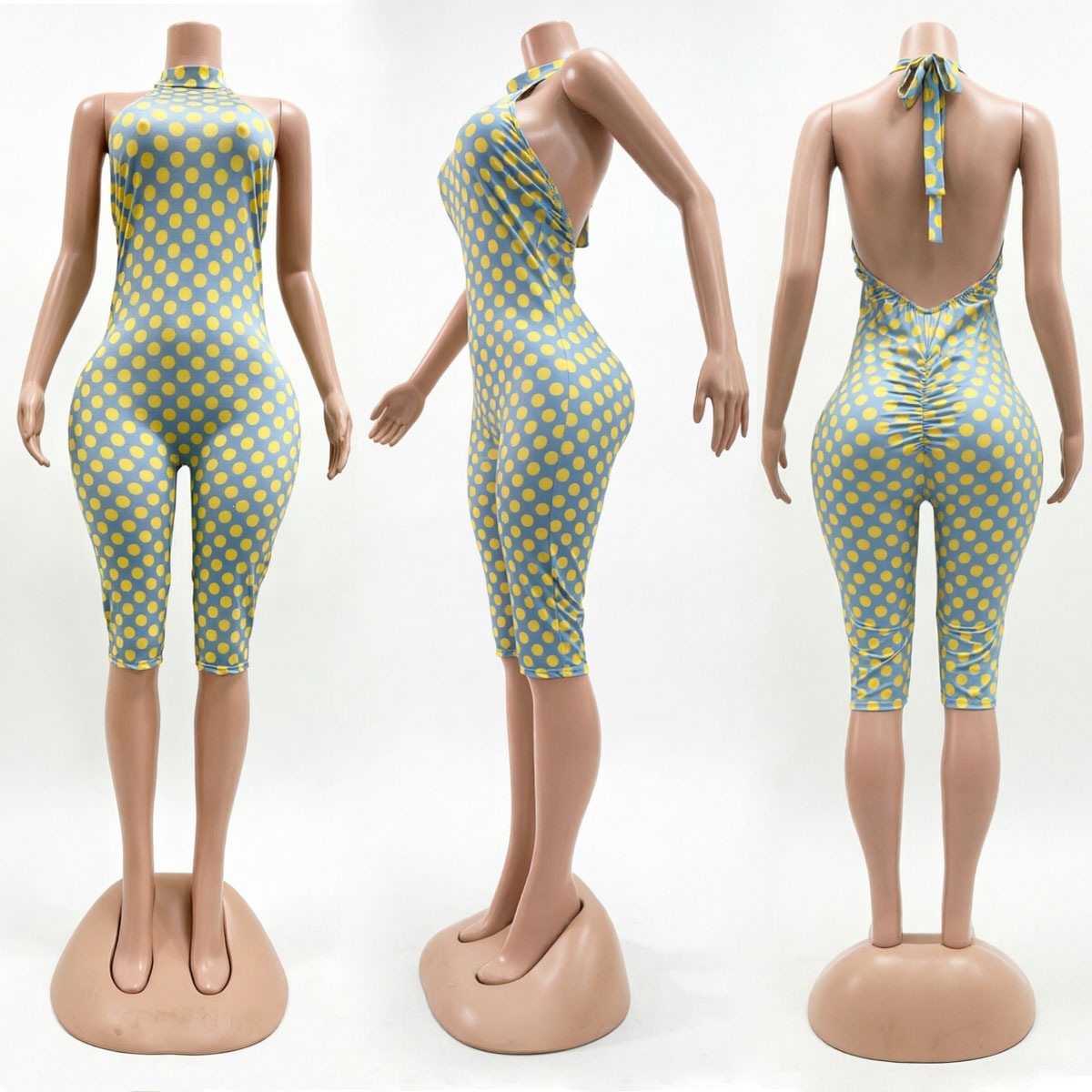 Polka Dot Print Halter Backless Slim Fit Women's Jumpsuit