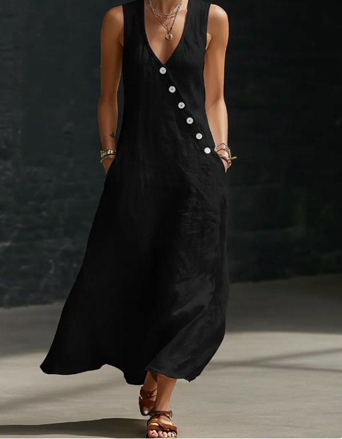 V-Neck Button-Front Sleeveless A-Line Maxi Dress