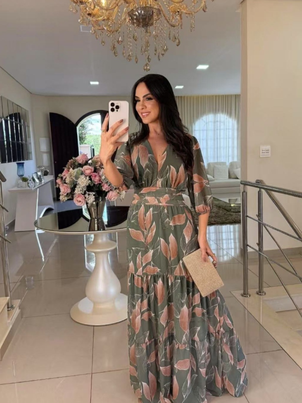 Women's V-Neck Floral Print Long Dress with Lantern Sleeves
