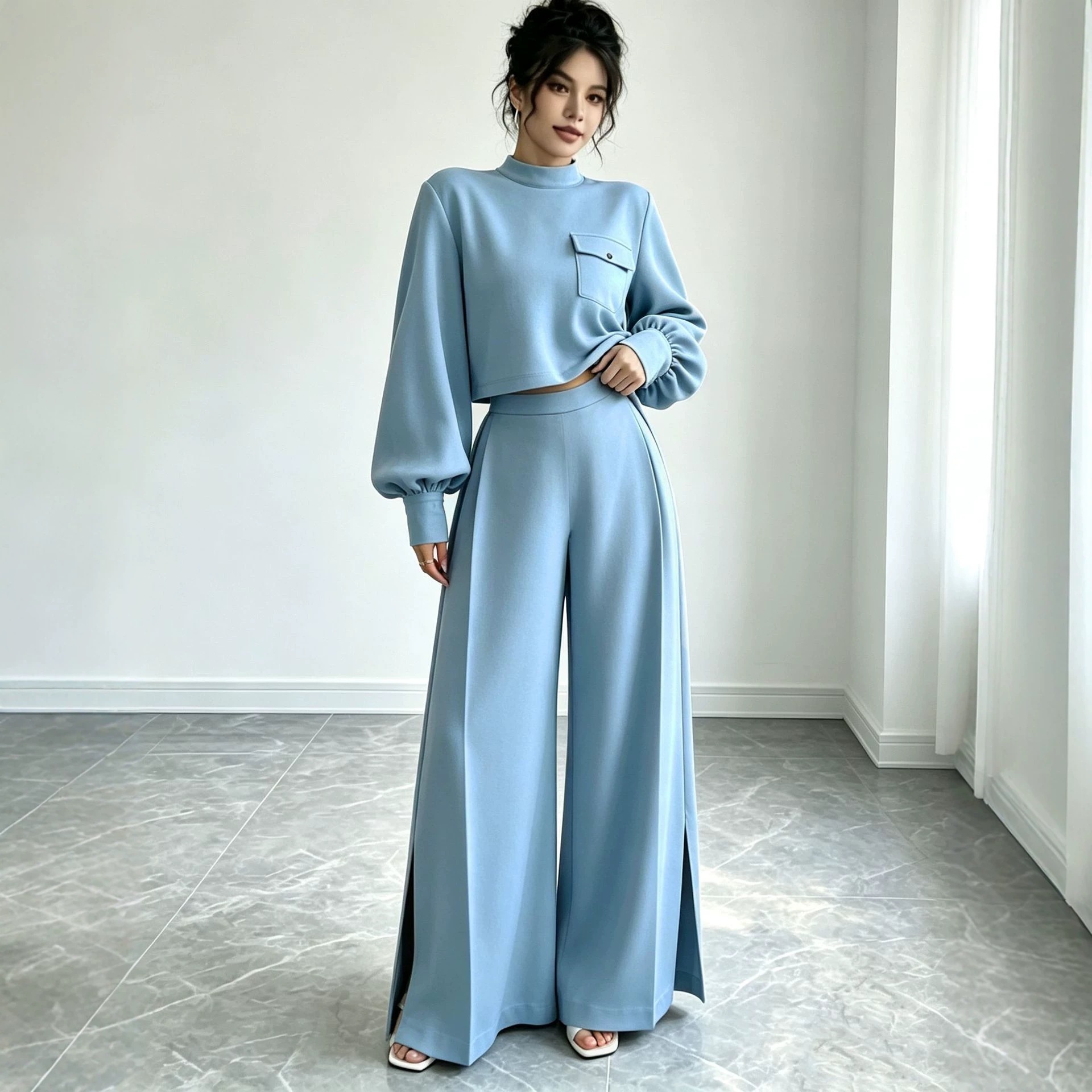 Women's Solid Color Wide-Leg Pants Set with Long-Sleeve Cropped Top
