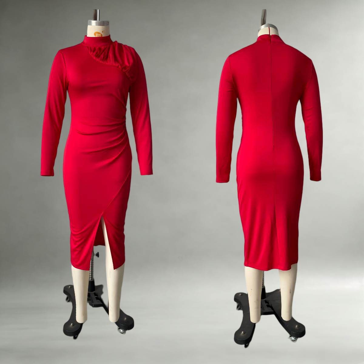 High Neck Ruched Long Sleeve Bodycon Midi Dress with Slit