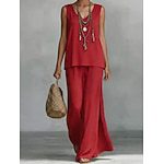 Women's Sleeveless V-Neck Top and Wide-Leg Pants Set Solid Color