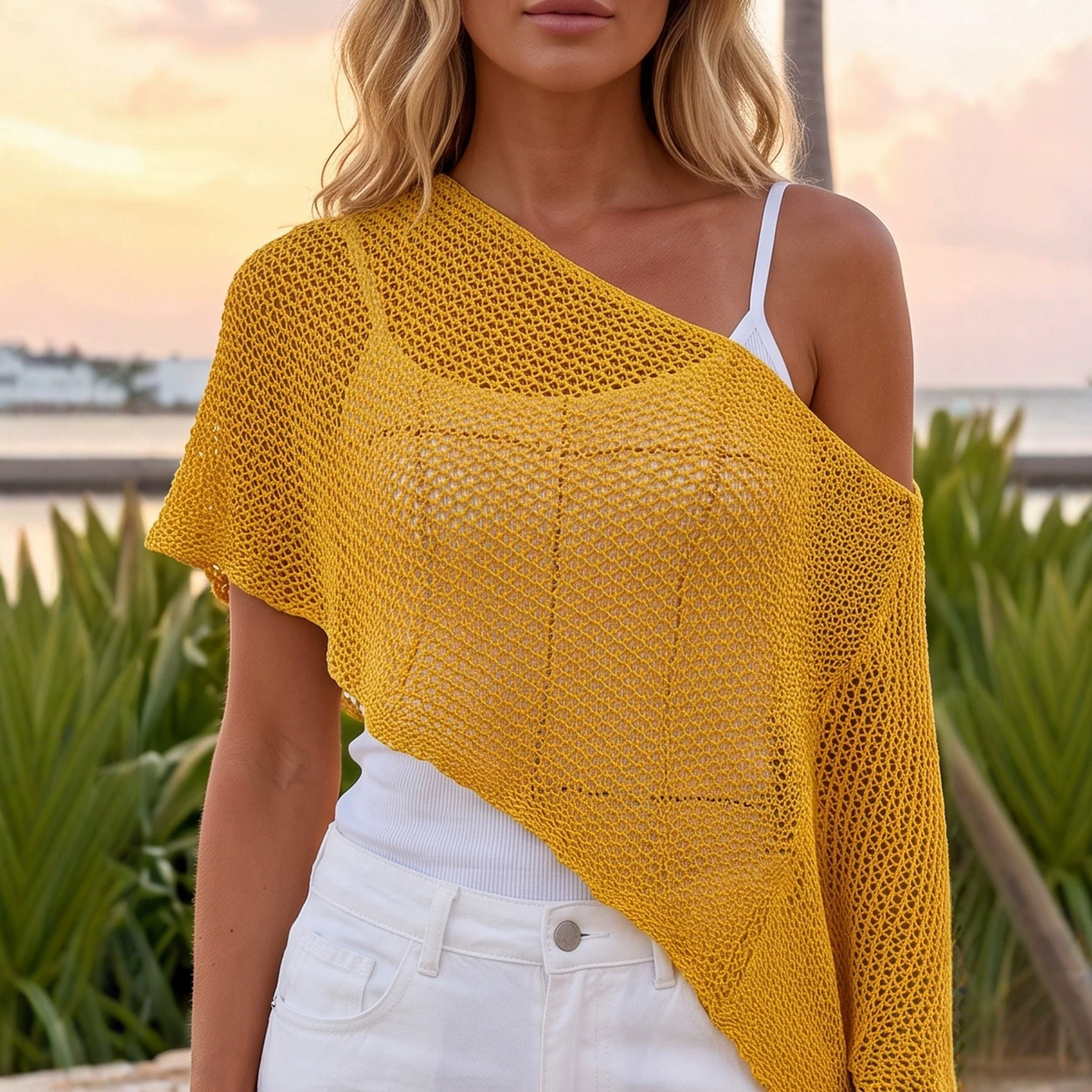 Women's Asymmetric Triangle Knit Poncho Shawl Top