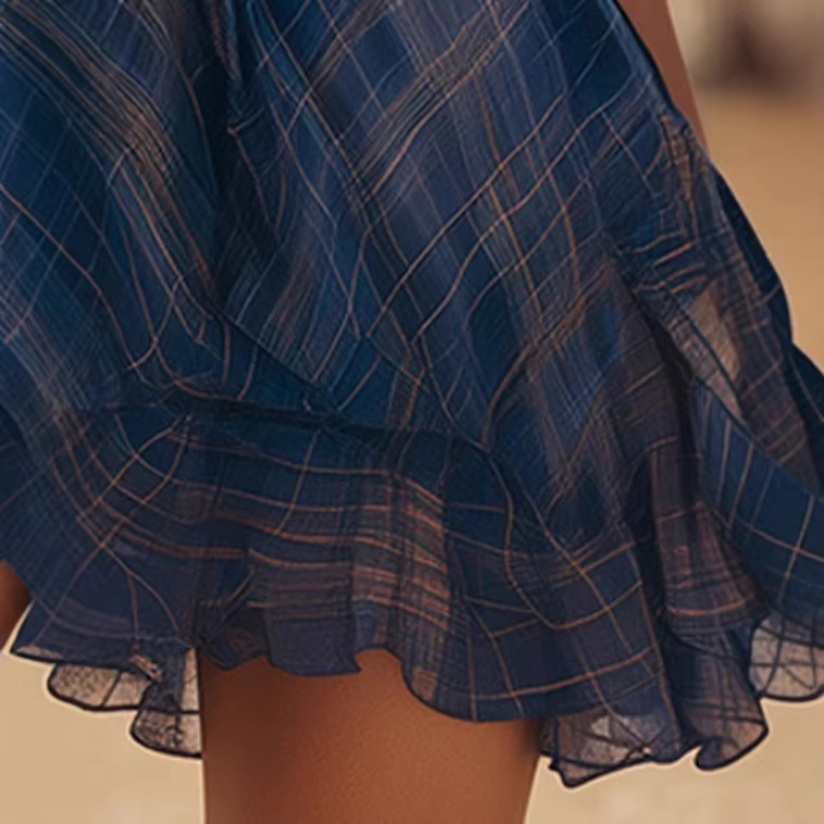 Western Vintage Plaid Blue V-Neck Ruffle Short Sleeve Chiffon Mini Dress