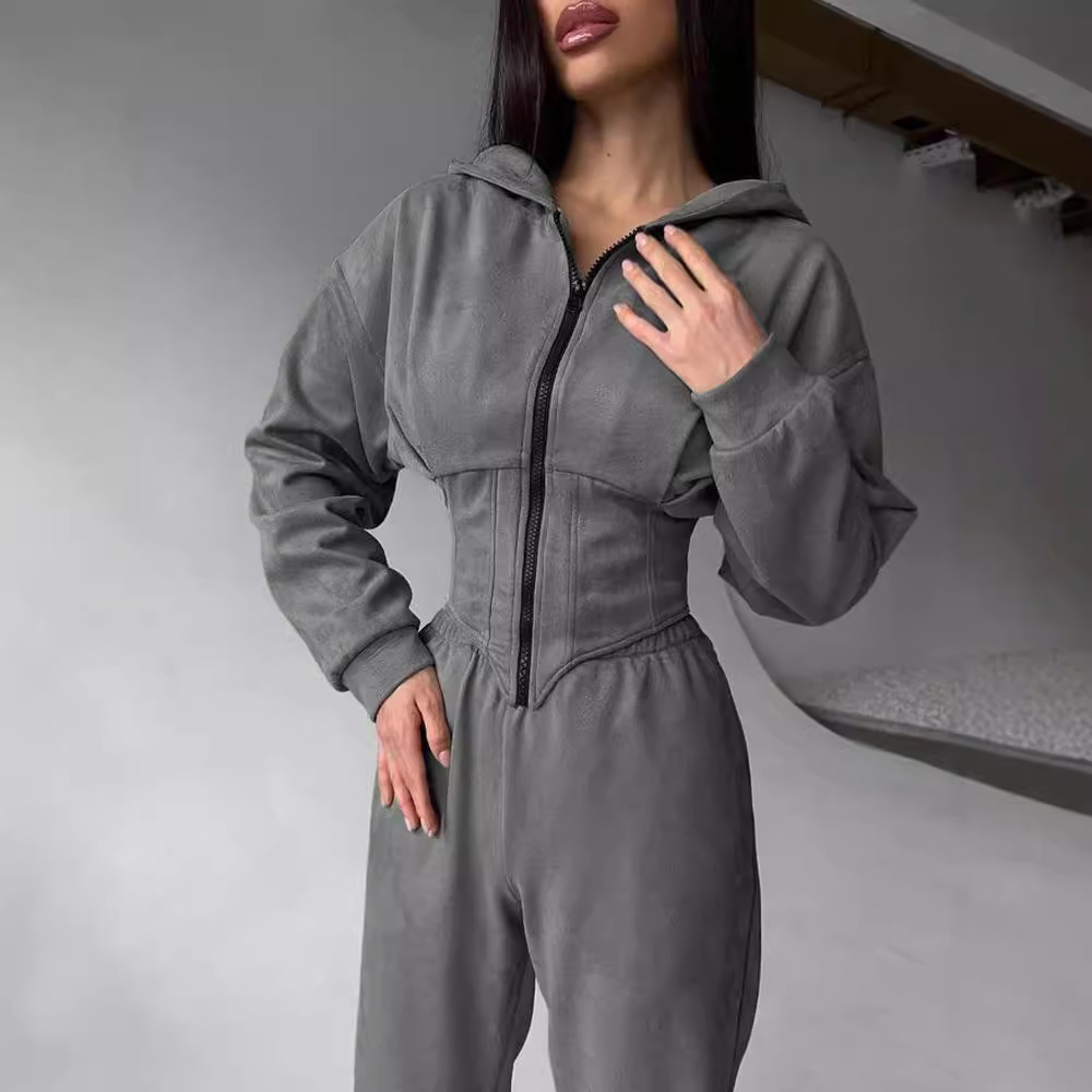 Women's Solid Color Cinched Waist Hoodie and Pants Set Casual Two-Piece