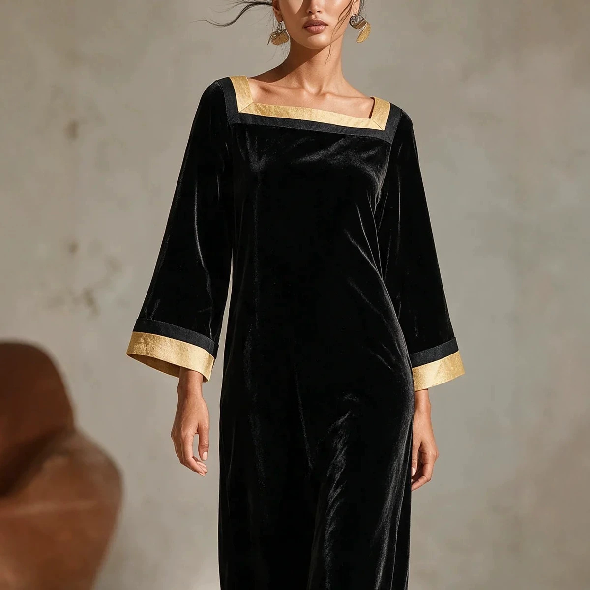 Retro Square-Neck Black Velvet Midi Dress with Gold Trim, Nine-Sleeve A-Line Party Dress
