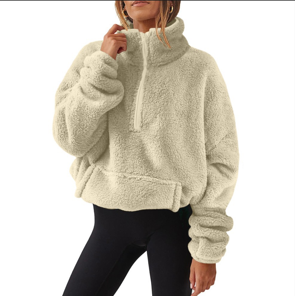 Fleece-Lined Half-Zip Stand Collar Sweatshirt for Women