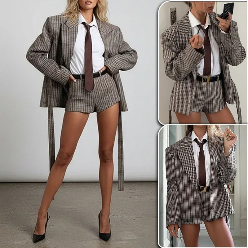 Women's Plaid Blazer and Shorts Two-Piece Set