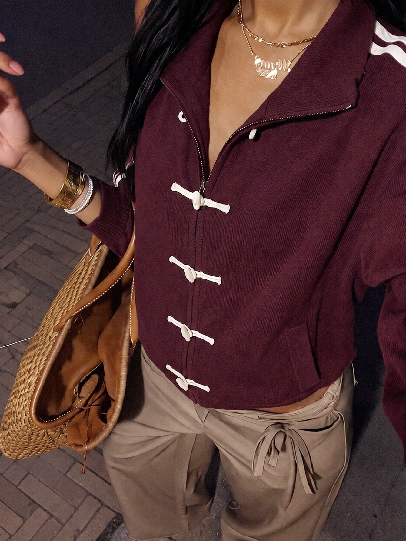 Women's New Chinese Style Frog Button Zip-Up Jacket with Stand Collar and Side Stripes