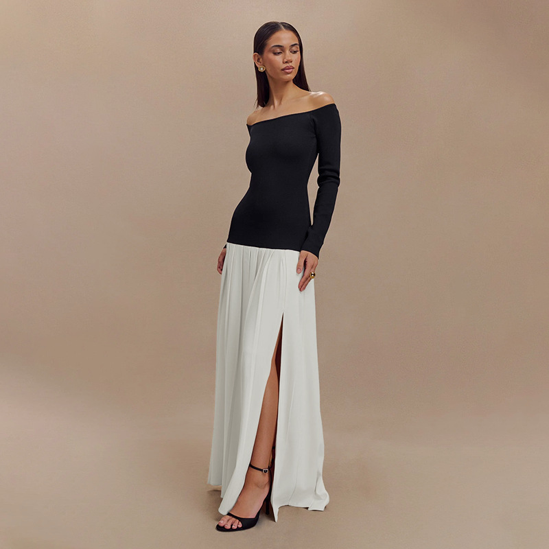 Women's Two-Piece Long Sleeve Slit Pleated Midi Dress Set