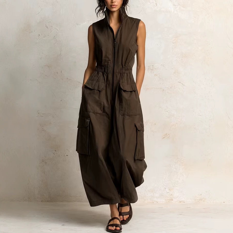 Cotton Twill Sleeveless Cargo Jumpsuit Wide-Leg Zip Front