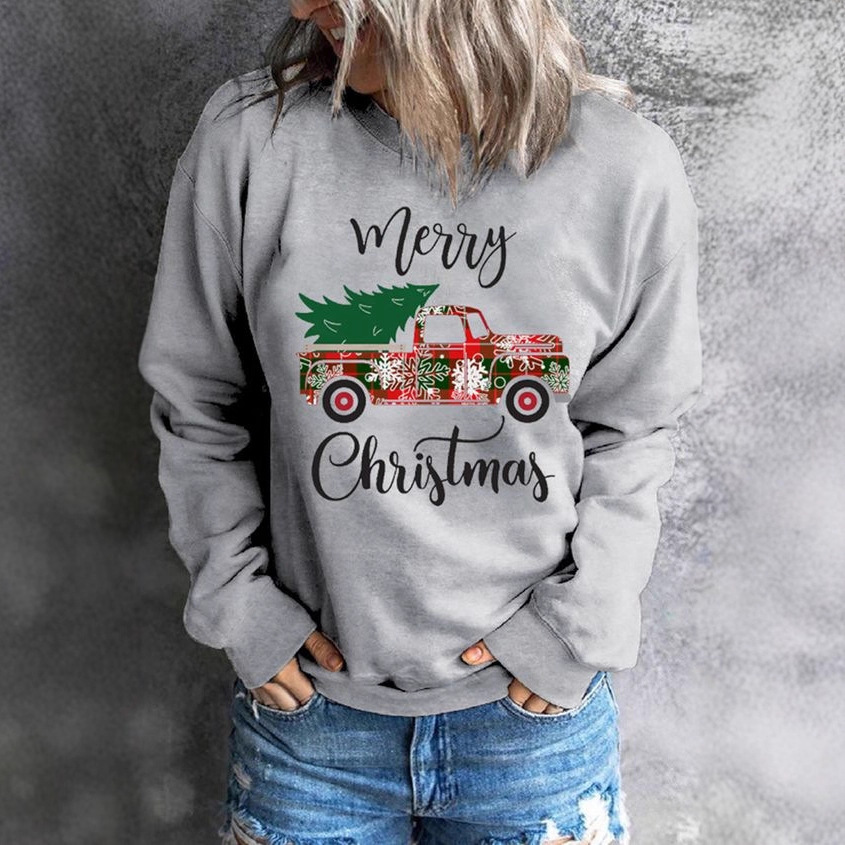 Women's Colorblock Plaid Cartoon Tree Crewneck Sweatshirt