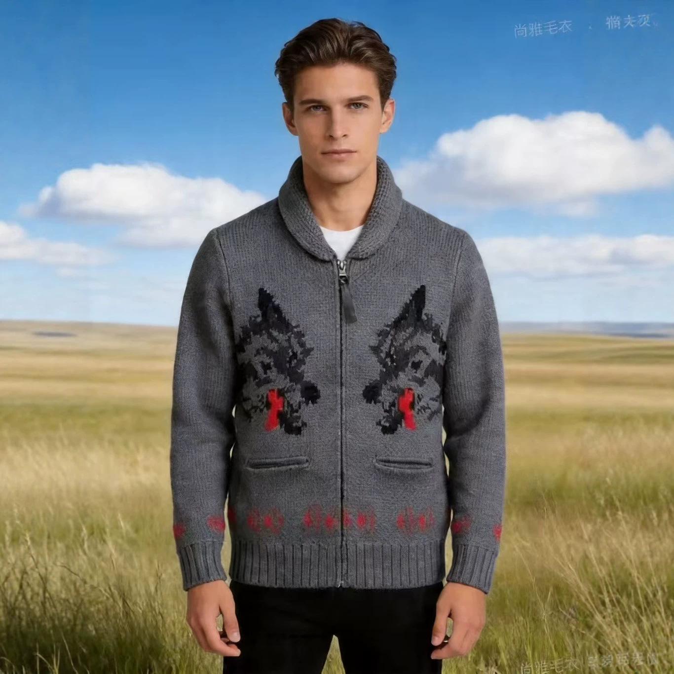 Retro Wolf Head Jacquard Zip Cardigan Chunky Knit Unisex