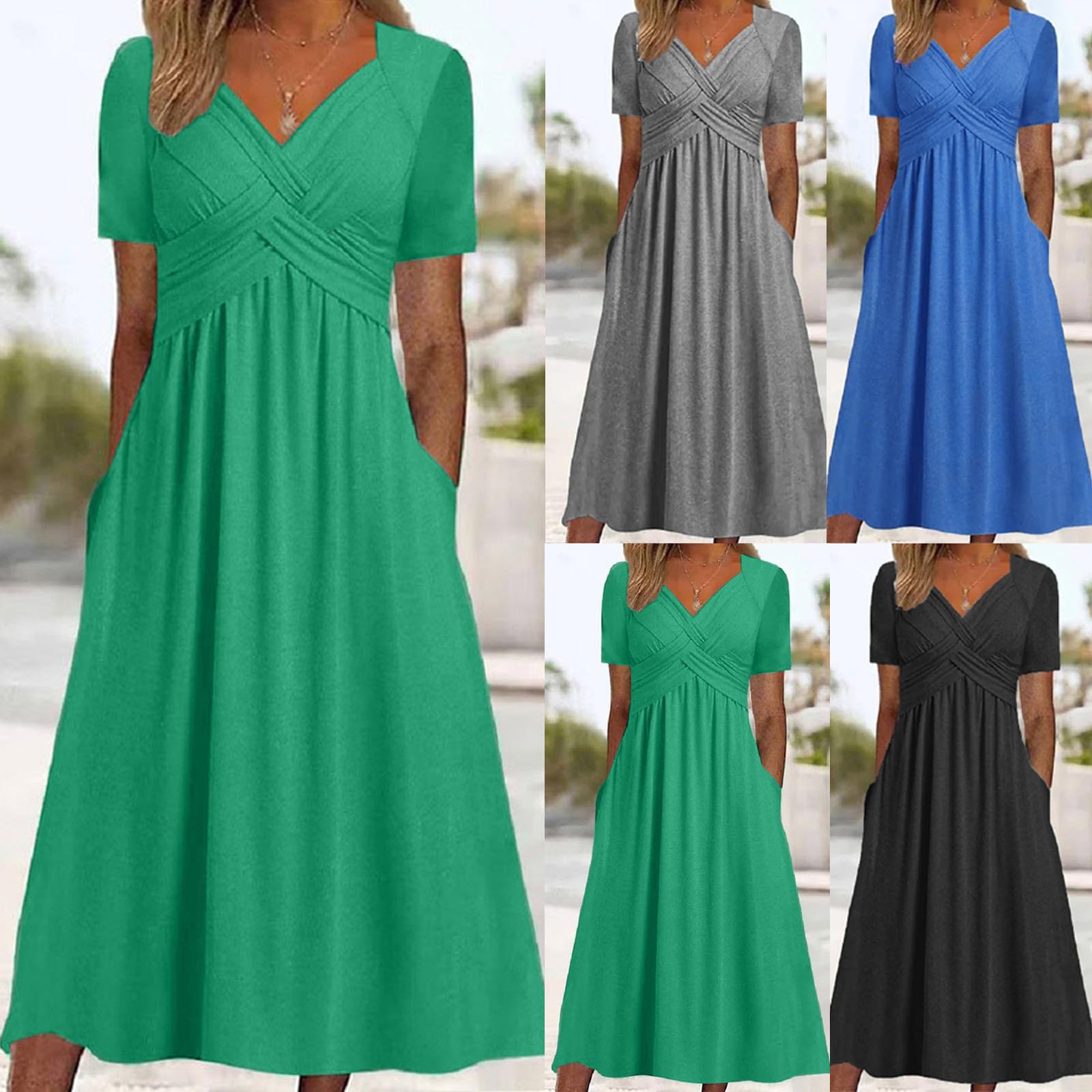 Women's Summer Short Sleeve V-Neck Midi Dress Solid Pleated Pullover