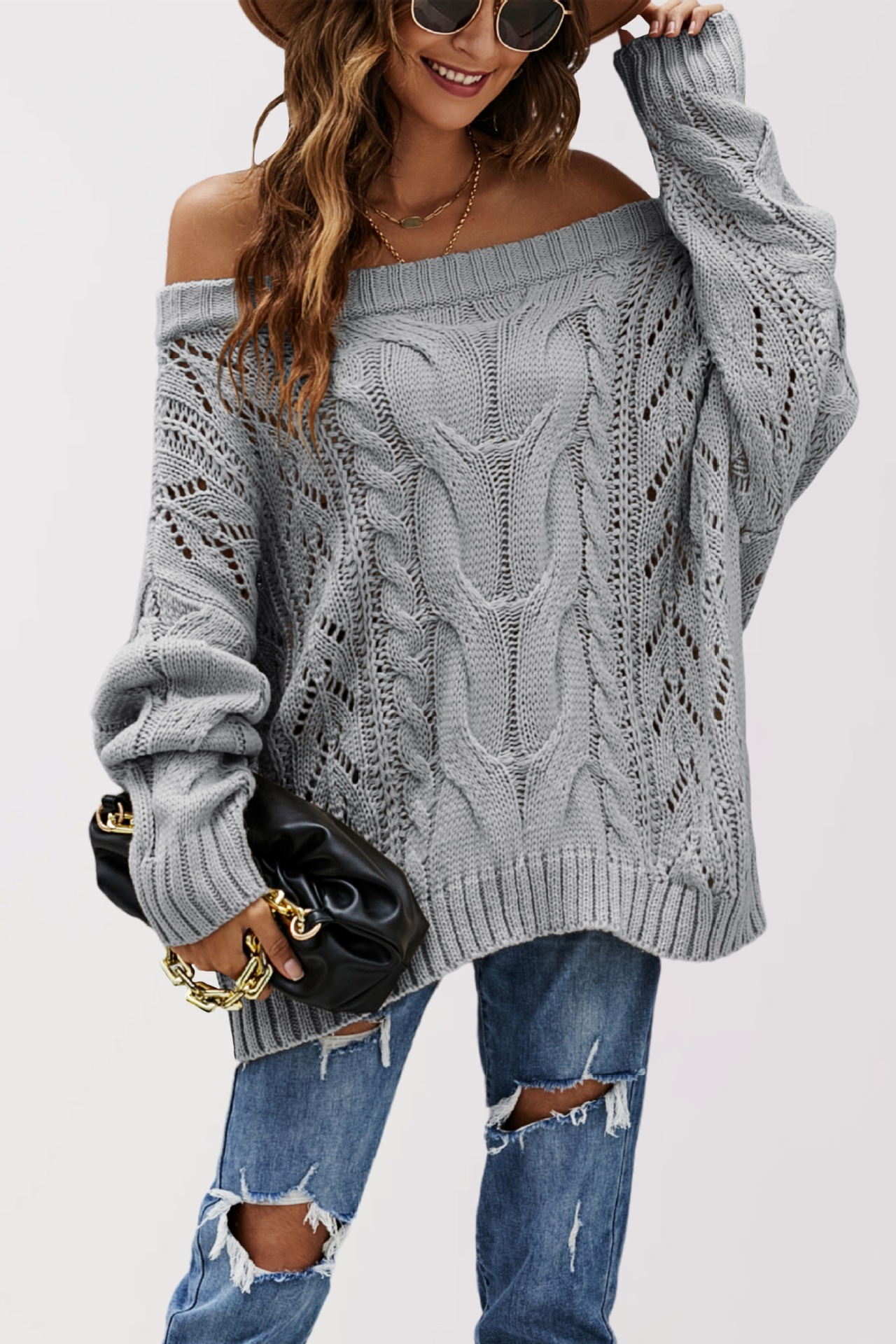 Off-Shoulder Plus Size Loose Knit Sweater Women's Solid Color Pullover