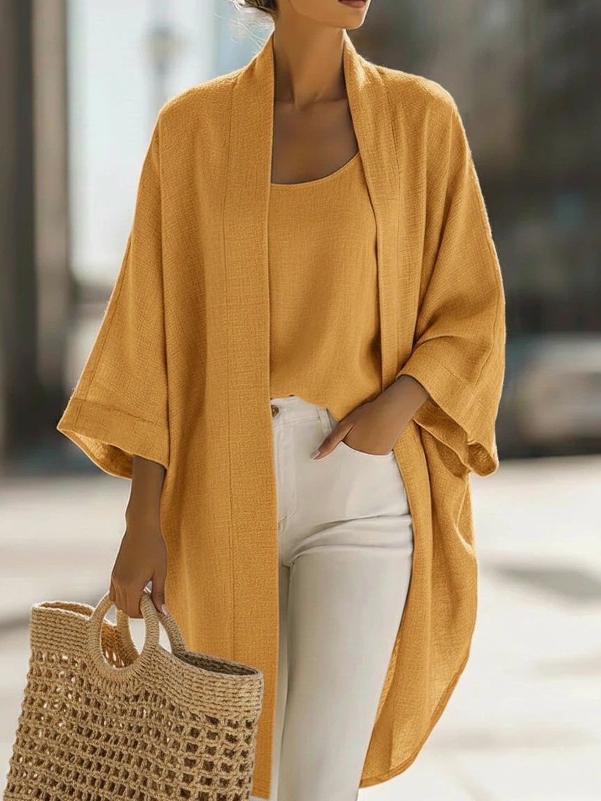 Women's Solid Color Cardigan & Tee Two-Piece Set Casual Loose Fit