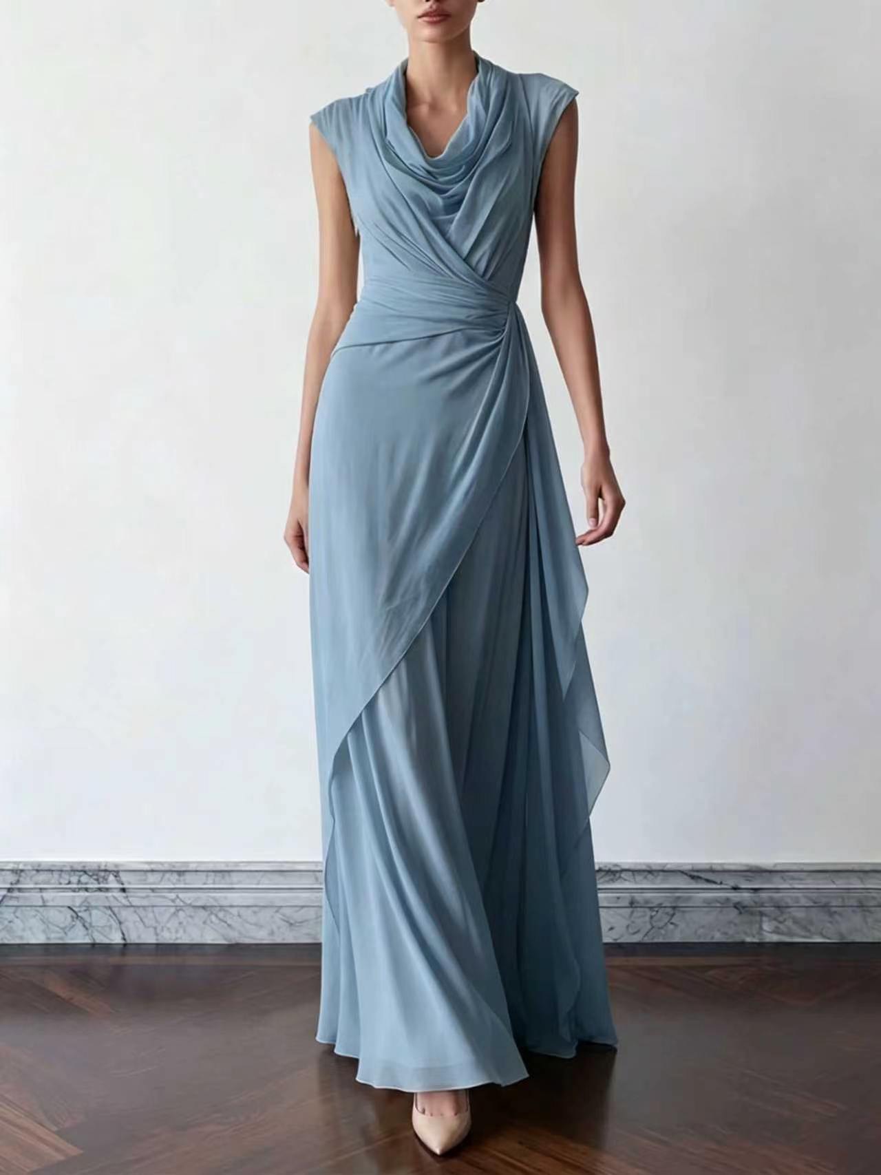 Women's Draped Neck Sleeveless Ruched Chiffon Maxi Dress