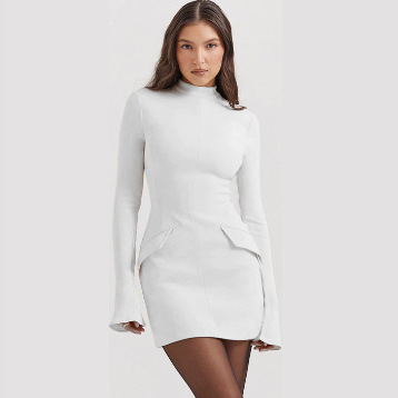Women's Long Sleeve Bodycon Dress Round Neck Flare Sleeve Ruffle Detail